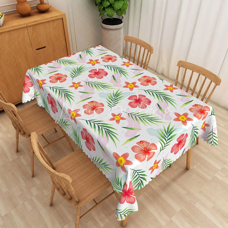 Lofaris Red Hibiscus and Palm Leaf Rectangle Tablecloth Tropical Floral Table Cover Summer Luau Party Decorations