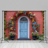 Lofaris Red House Blue Door Floral Arch Spring Photo Backdrop