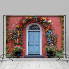 Lofaris Red House Blue Door Floral Arch Spring Photo Backdrop
