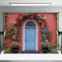 Lofaris Red House Blue Door Floral Arch Spring Photo Backdrop