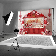 Lofaris Red House Kissing Booth Backdrop Lace Curtains Lips Balloons Background Valentine Day Photography Decoration