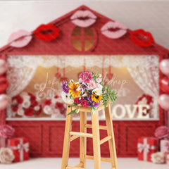 Lofaris Red House Kissing Booth Backdrop Lace Curtains Lips Balloons Background Valentine Day Photography Decoration