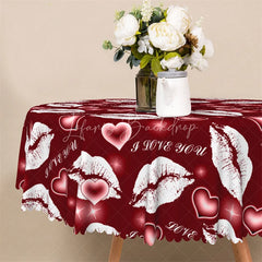 Lofaris Red Lip I Love You Round Tablecloth Romantic Kiss Mark Heart Table Cover for Valentine