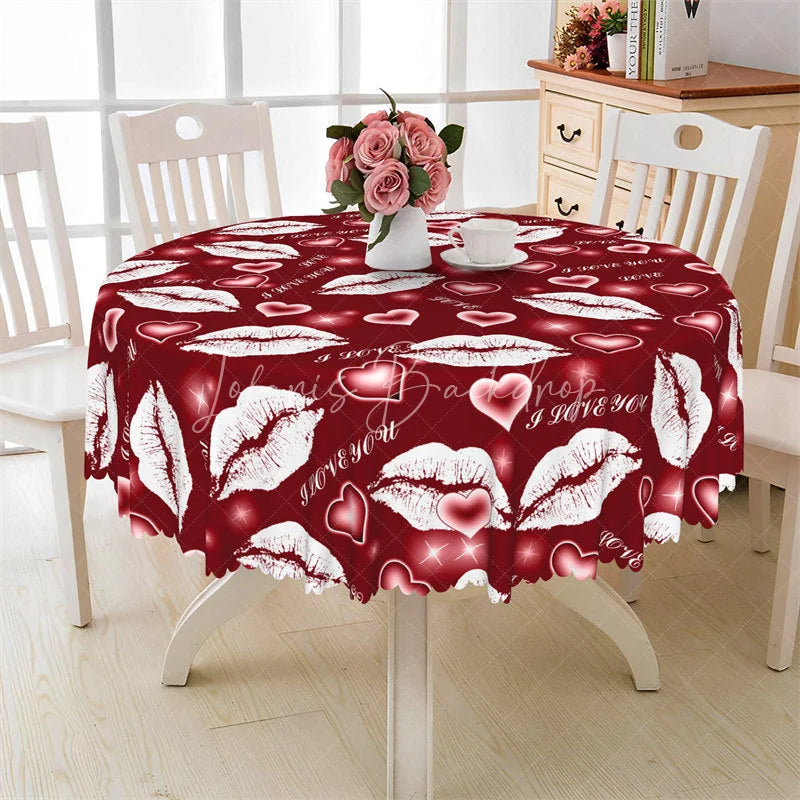 Lofaris Red Lip I Love You Round Tablecloth Romantic Kiss Mark Heart Table Cover for Valentine