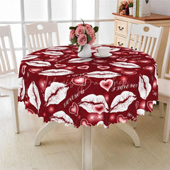 Lofaris Red Lip I Love You Round Tablecloth Romantic Kiss Mark Heart Table Cover for Valentine