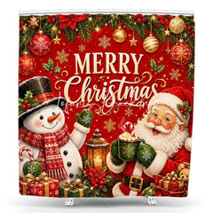 Lofaris Red Merry Christmas Santa and Snowman Shower Curtain Festive Holiday Gifts Ornaments Decor