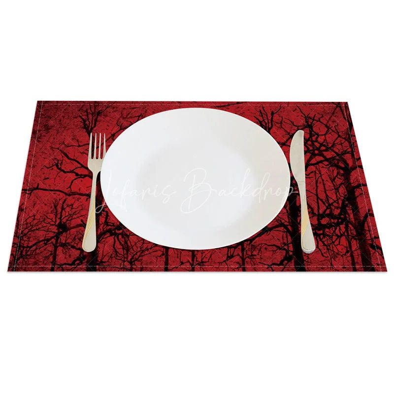 Lofaris Red Moon and Withered Trees Set of 4 Placemats for Spooky Halloween Gothic Dining Room Decor