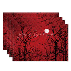 Lofaris Red Moon and Withered Trees Set of 4 Placemats for Spooky Halloween Gothic Dining Room Decor