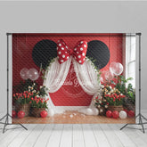 Lofaris Red Mouse Ears Birthday Backdrop Polka Dot Bow Arch Banner Girl First Cake Smash Photo Props