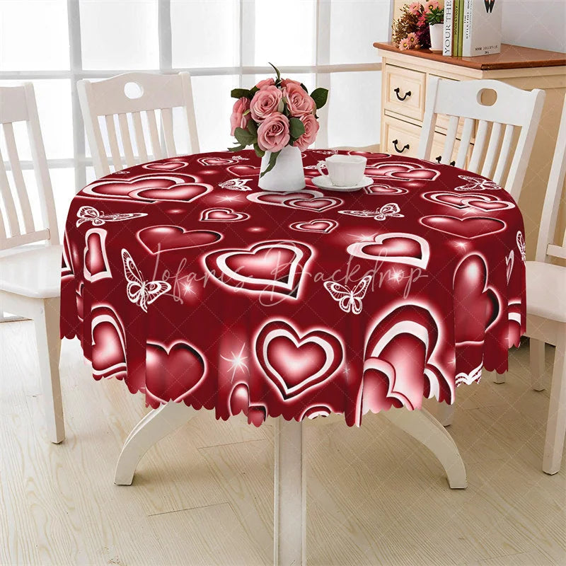 Lofaris Red Neon Heart Butterfly Round Tablecloth Glowing Love Pattern Table Cover for Valentine