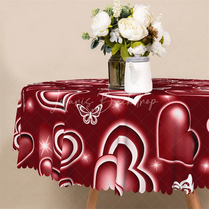 Lofaris Red Neon Heart Butterfly Round Tablecloth Glowing Love Pattern Table Cover for Valentine