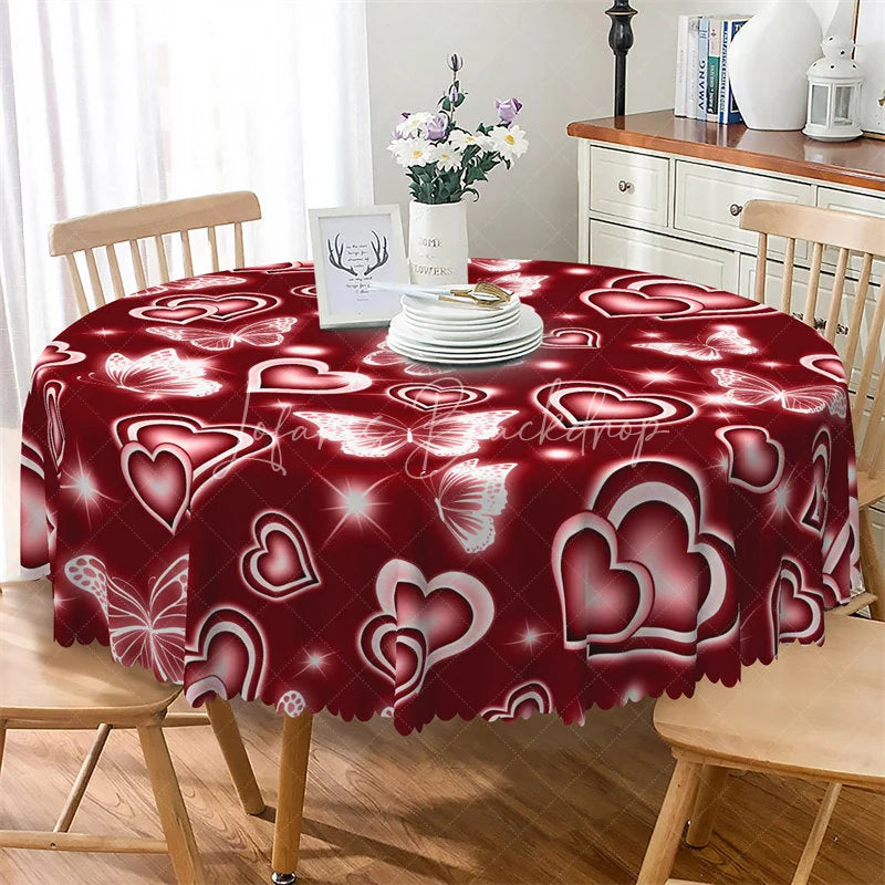 Lofaris Red Neon Heart Butterfly Round Tablecloth Glowing White Love Pattern Table Cover for Valentine