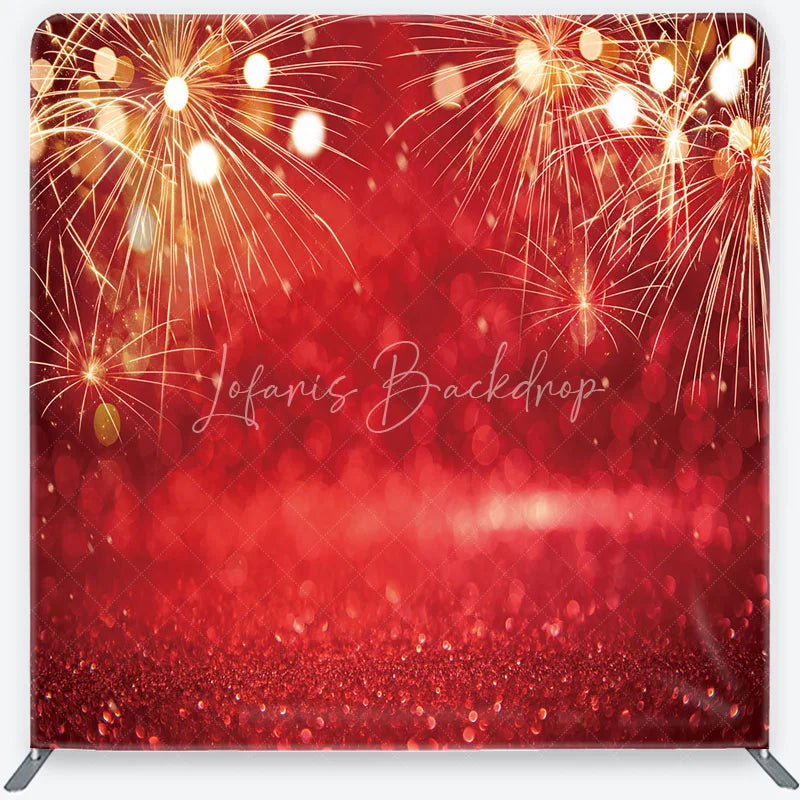 Lofaris Red New Year Tension Fabric Backdrop Golden Festive Sparks Bokeh Background Celebration Party Photography Decoration