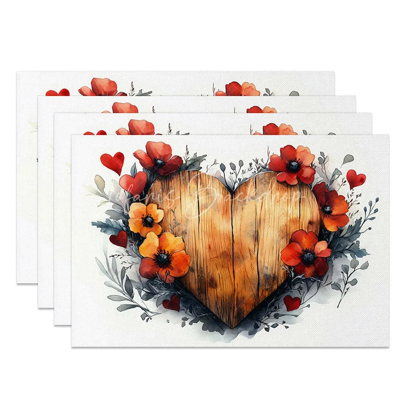 Lofaris Red Orange Floral Wood Heart Set of 4 Placemats Rustic Flower Valentine Decoration Farmhouse Dining Table Mat