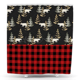Lofaris Red Plaid Bear Crossing Christmas Shower Curtain