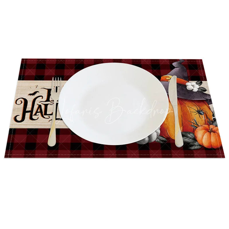 Lofaris Red Plaid Halloween Set of 4 Placemats with Pumpkin and Witch Hat for Farmhouse Spooky Decor