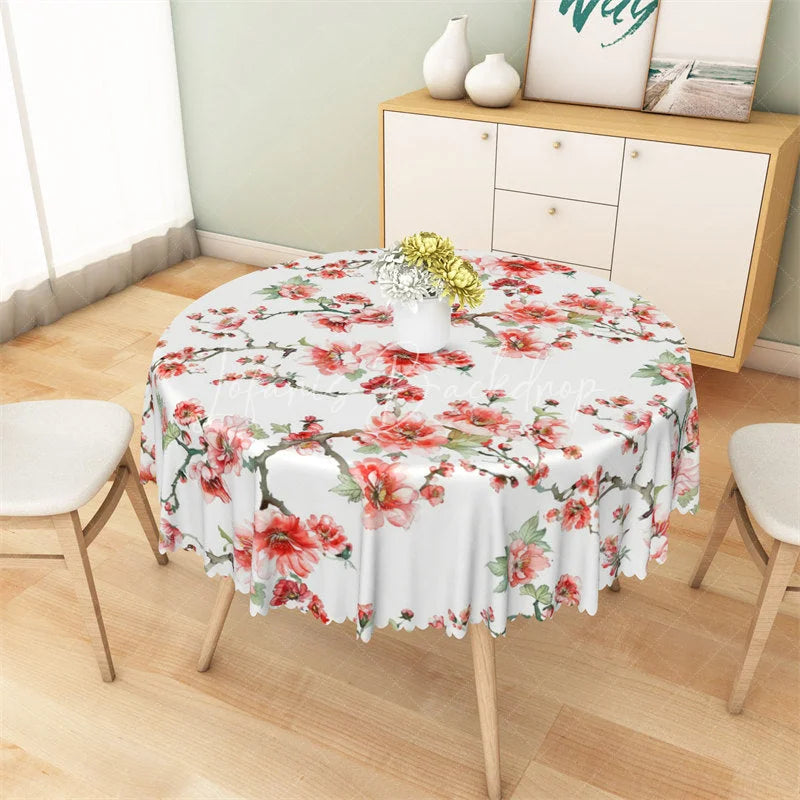 Lofaris Red Plum Blossom Round Tablecloth Spring Floral Branch Table Cover for Holiday Party