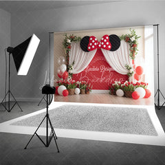 Lofaris Red Polka Dot Bow Backdrop Mouse Ears Birthday Banner Wall White Curtains for Girl Cake Smash Props