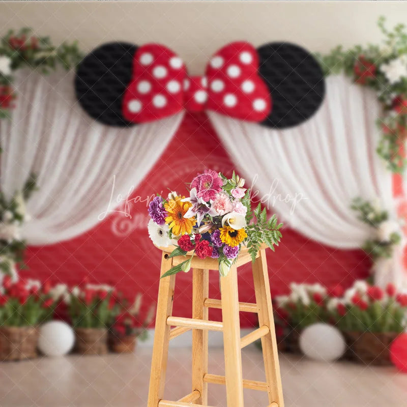 Lofaris Red Polka Dot Bow Backdrop Mouse Ears Birthday Banner Wall White Curtains for Girl Cake Smash Props