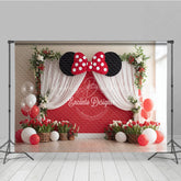Lofaris Red Polka Dot Bow Backdrop Mouse Ears Birthday Banner Wall White Curtains for Girl Cake Smash Props