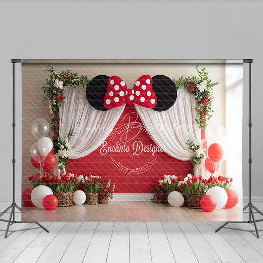 Lofaris Red Polka Dot Bow Backdrop Mouse Ears Birthday Banner Wall White Curtains for Girl Cake Smash Props