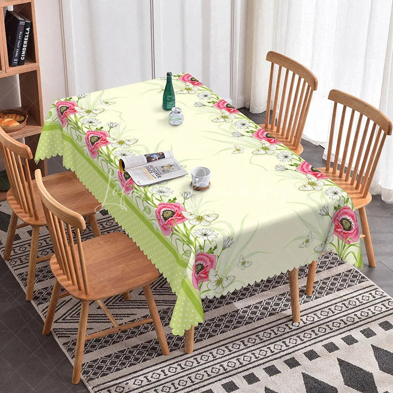 Lofaris Red Poppy White Daisy Border Rectangle Tablecloth Garden Floral Cream Background Country Dining Table Cover Kitchen Decor