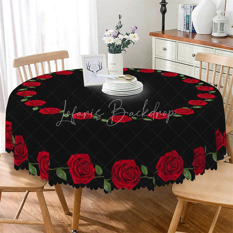 Lofaris Red Rose Border Black Round Tablecloth Minimalist Floral Ring Table Cover for Wedding