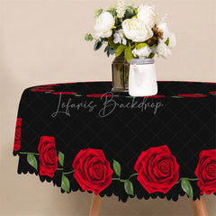Lofaris Red Rose Border Black Round Tablecloth Minimalist Floral Ring Table Cover for Wedding