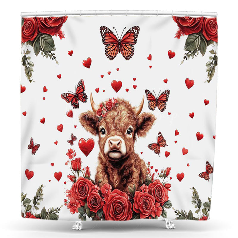 Lofaris Red Rose Butterfly Cow Valentines Day Shower Curtain
