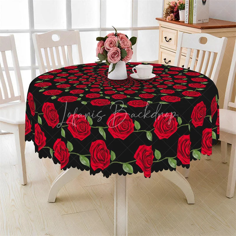 Lofaris Red Rose Circle Black Round Tablecloth Elegant Floral Spiral Table Cover for Dinner