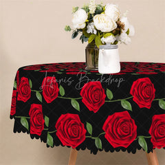 Lofaris Red Rose Circle Black Round Tablecloth Elegant Floral Spiral Table Cover for Dinner
