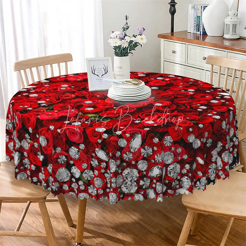 Lofaris Red Rose Diamond Round Tablecloth Luxury Gemstone Floral Table Cover for Wedding Anniversary