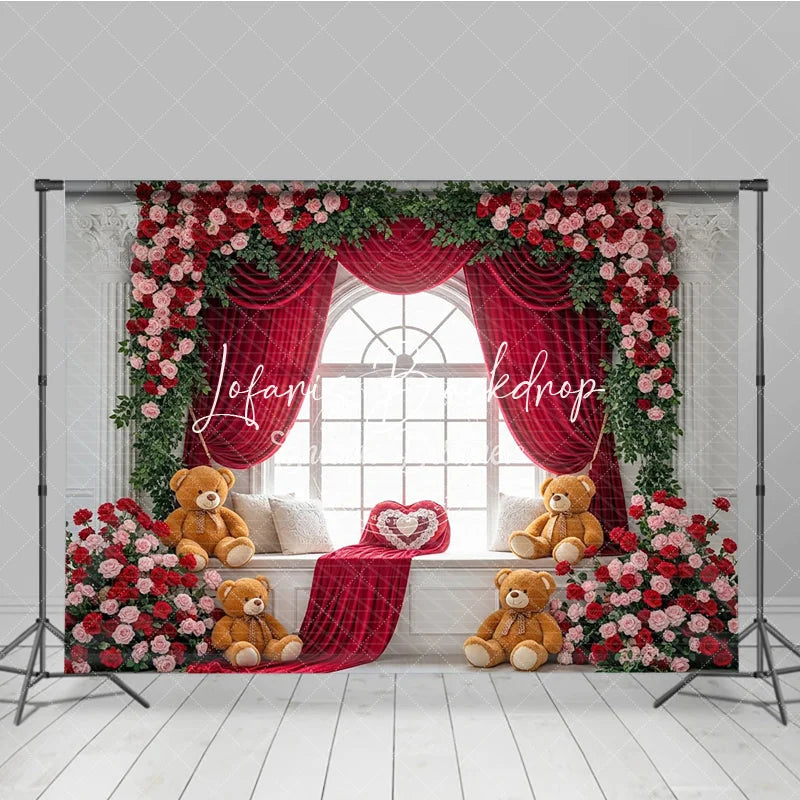 Lofaris Red Rose Floral Arched Window Photography Backdrop with Velvet Curtains and Teddy Bears