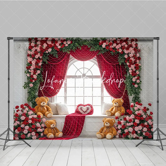 Lofaris Red Rose Floral Arched Window Photography Backdrop with Velvet Curtains and Teddy Bears