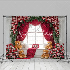 Lofaris Red Rose Floral Arched Window Photography Backdrop with Velvet Curtains and Teddy Bears