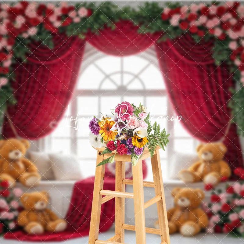 Lofaris Red Rose Floral Arched Window Photography Backdrop with Velvet Curtains and Teddy Bears