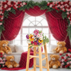 Lofaris Red Rose Floral Arched Window Photography Backdrop with Velvet Curtains and Teddy Bears