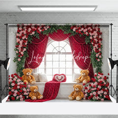 Lofaris Red Rose Floral Arched Window Photography Backdrop with Velvet Curtains and Teddy Bears