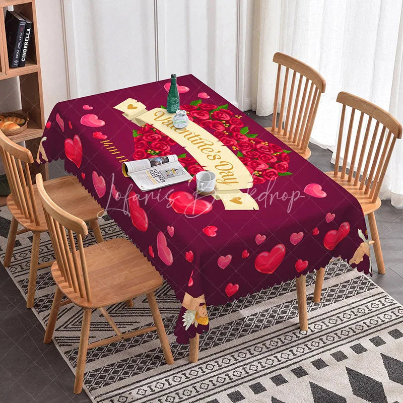 Lofaris Red Rose Heart Valentine Day Rectangle Tablecloth Cupid and Gold Banner Romantic Holiday Party Decor