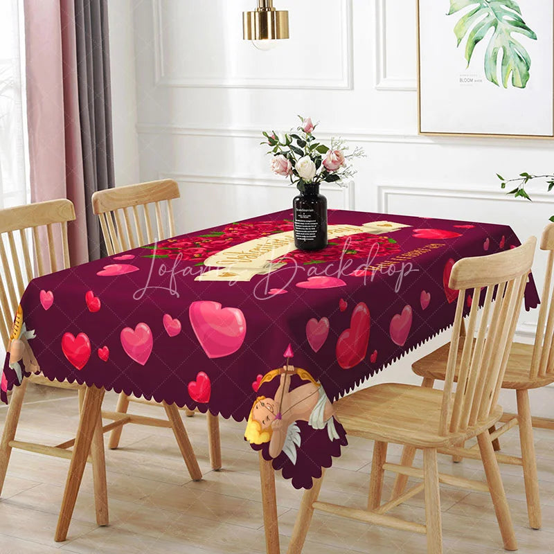 Lofaris Red Rose Heart Valentine Day Rectangle Tablecloth Cupid and Gold Banner Romantic Holiday Party Decor