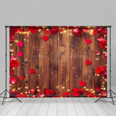 Lofaris Red Rose Hearts Brown Wood Valentines Day Backdrop
