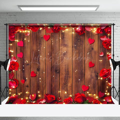 Lofaris Red Rose Hearts Brown Wood Valentines Day Backdrop