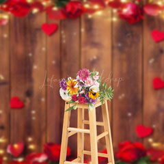 Lofaris Red Rose Hearts Brown Wood Valentines Day Backdrop