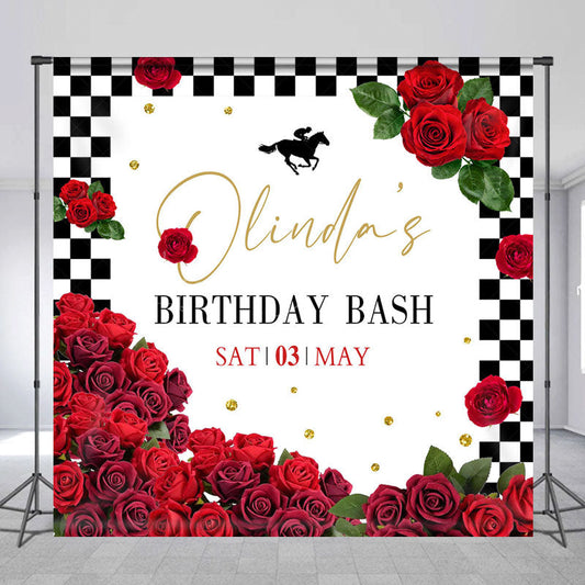 Lofaris Red Rose Kentucky Derby Custom Name Birthday Backdrop
