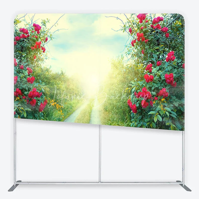 Lofaris Red Roses and Green Foliage Sunlit Path Square Double-Sided Backdrop Romantic Garden Nature Scene
