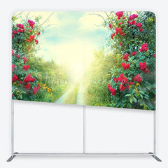 Lofaris Red Roses and Green Foliage Sunlit Path Square Double-Sided Backdrop Romantic Garden Nature Scene