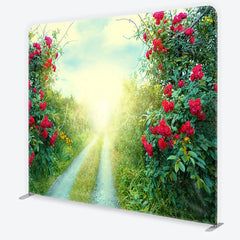 Lofaris Red Roses and Green Foliage Sunlit Path Square Double-Sided Backdrop Romantic Garden Nature Scene