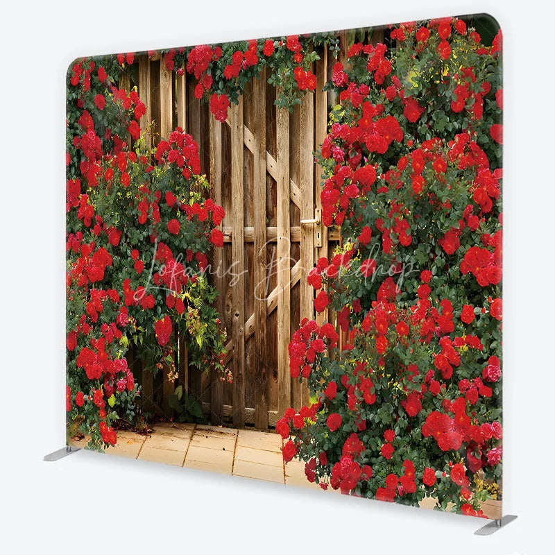 Lofaris Red Roses and Rustic Wood Gate Garden Backdrop Floral Wedding Anniversary Party Decor Romantic Tension Fabric