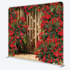 Lofaris Red Roses and Rustic Wood Gate Garden Backdrop Floral Wedding Anniversary Party Decor Romantic Tension Fabric