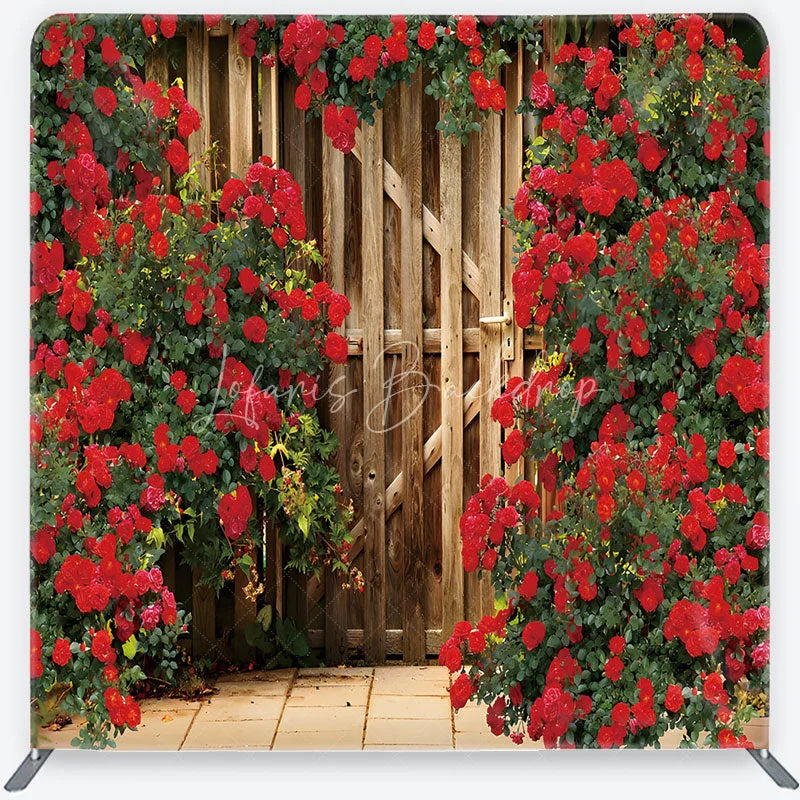 Lofaris Red Roses and Rustic Wood Gate Garden Backdrop Floral Wedding Anniversary Party Decor Romantic Tension Fabric